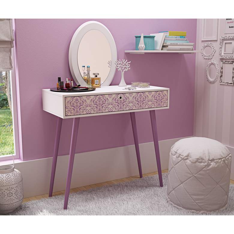 Image 1 Mora White and Lavender Wood 1-Drawer Vanity with Mirror