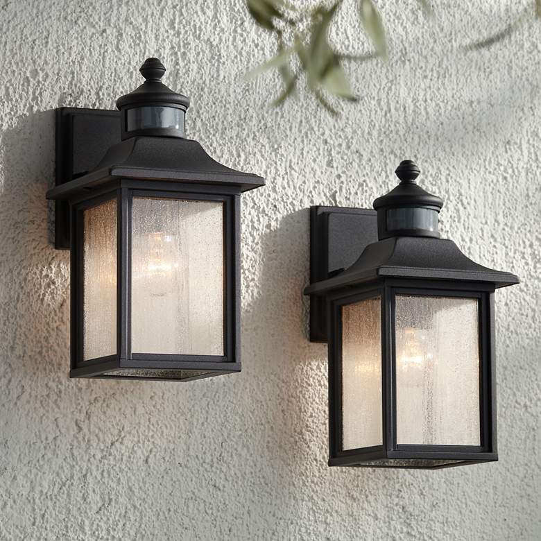 Image 1 Moray Bay 11 1/2" High Black Motion Sensor Outdoor Wall Light Set of 2