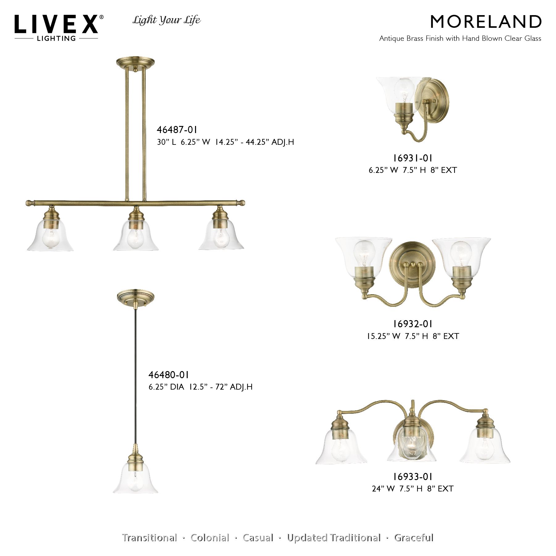 Moreland 3 Light Antique Brass Linear Chandelier