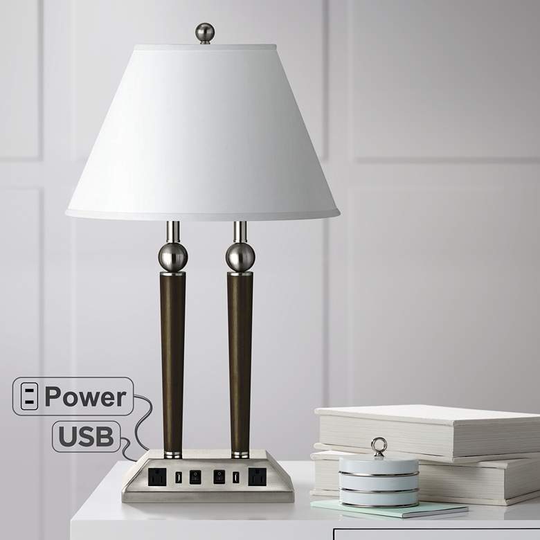 Image 1 Morely Double Light Espresso Metal Nightstand USB Desk Lamp