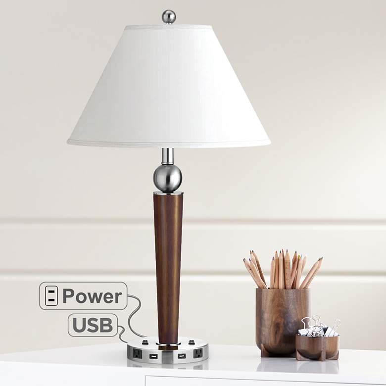 Image 1 Morely Double Light Espresso Metal USB Nightstand Table Lamp