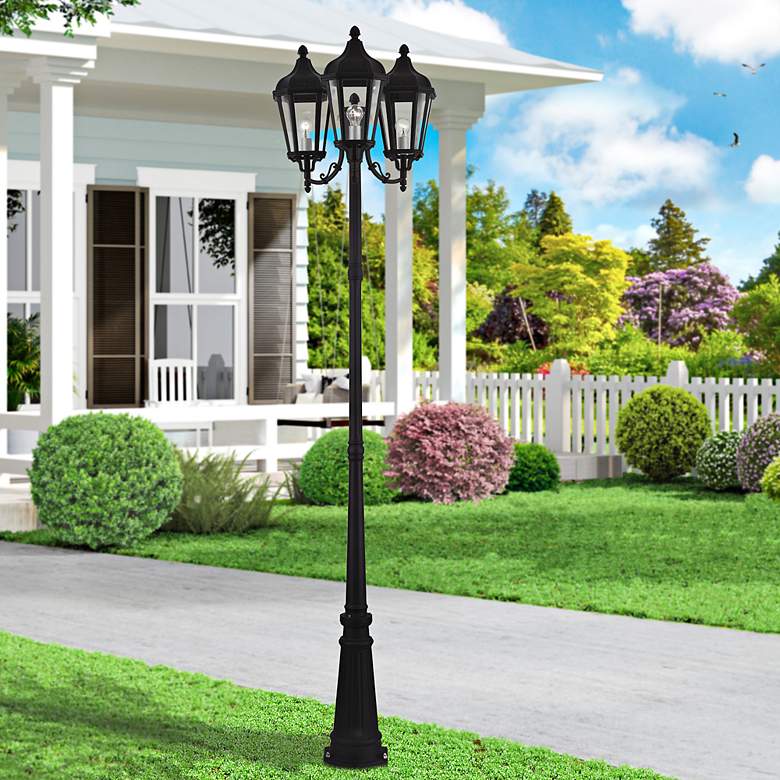 Image 1 Morgan 100" High Black 3-Light Outdoor Post Light with Base