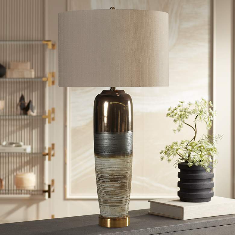 Image 1 Morganton White, Gray, and Gold Table Lamp with White Hardback Fabric Shade