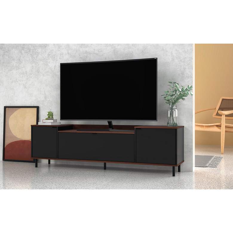 Image 1 Mosholu 67 inch Wide Matte Black and Nut Brown 3-Shelf TV Stand