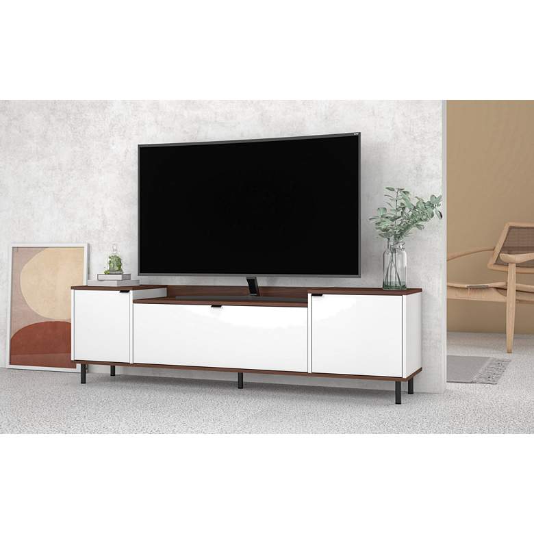 Image 1 Mosholu 77 inch Wide Matte White and Nut Brown 3-Shelf TV Stand