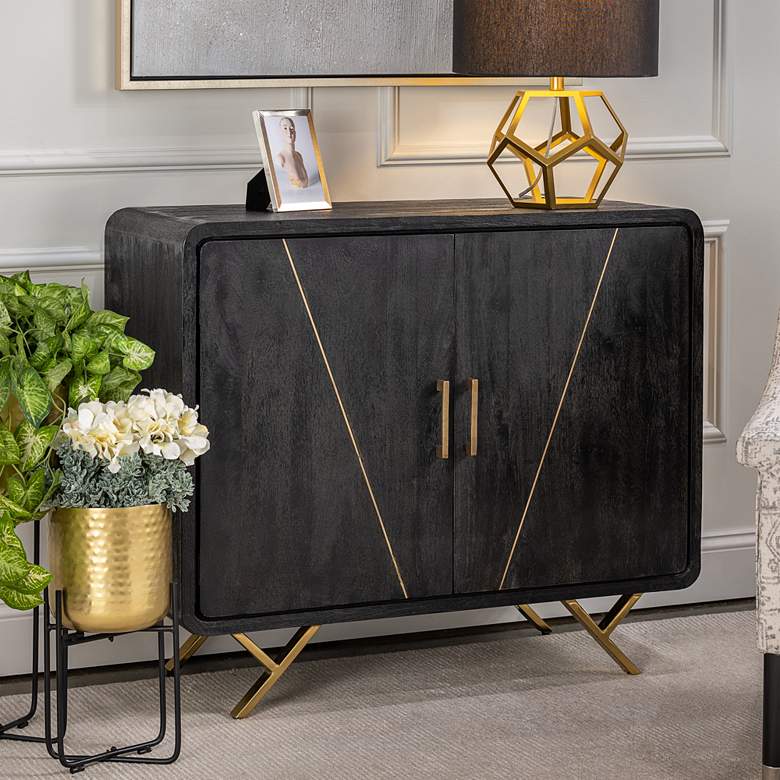 Image 1 Mosley 37 1/2" Wide Black Mango Wood and Gold Metal 2-Door Cabinet