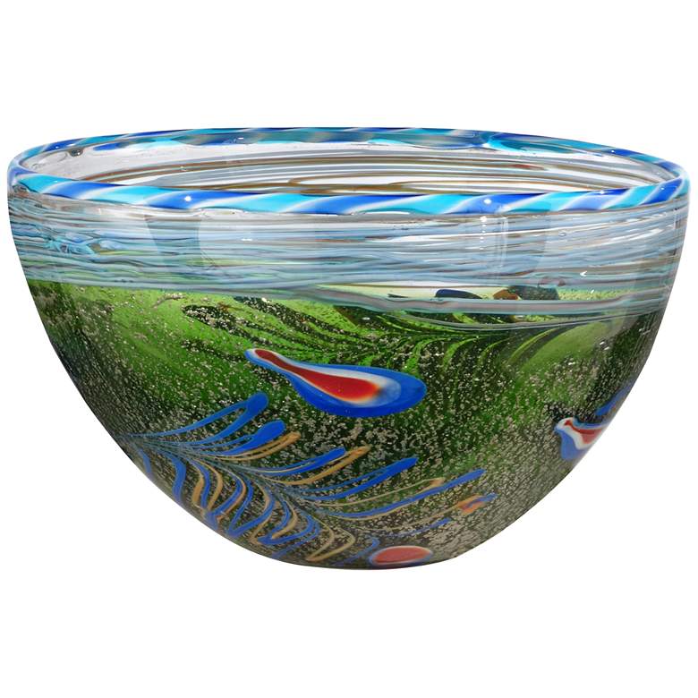 Image 1 Moss and Feather 12" Wide Multi-Color Green Art Glass Bowl