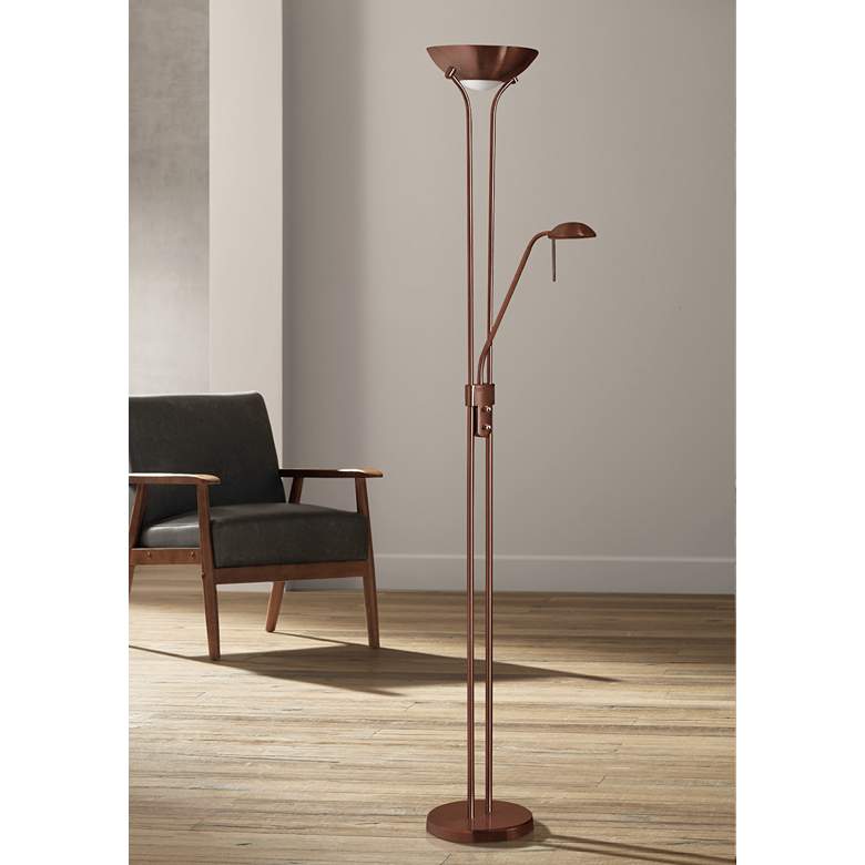 Image 1 Mother and Son 71" High Bronze Torchiere Floor Lamp with Reading Light