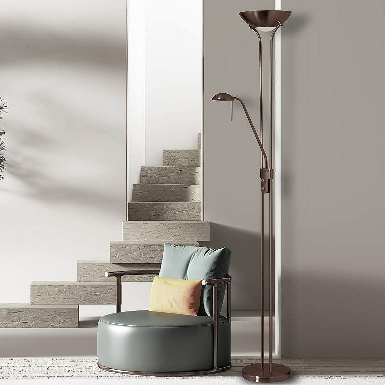 Image 4 Mother and Son 71" High Bronze Torchiere Floor Lamp with Reading Light more views