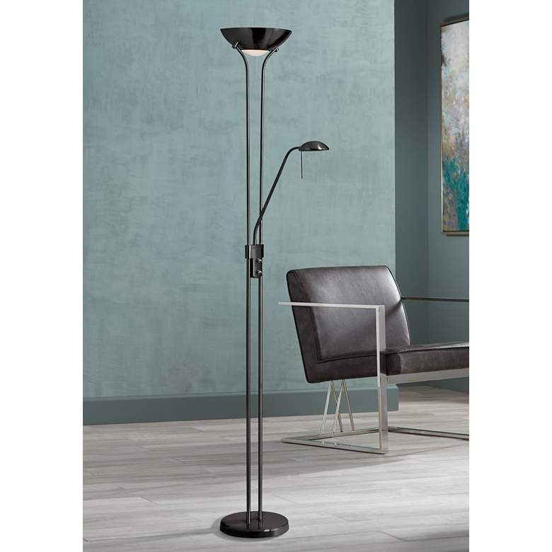 Image 1 Mother and Son 71" Matte Black Torchiere Floor Lamp with Reading Light