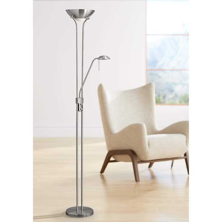 Image 1 Mother and Son 71" Satin Chrome Torchiere Floor Lamp with Side Light