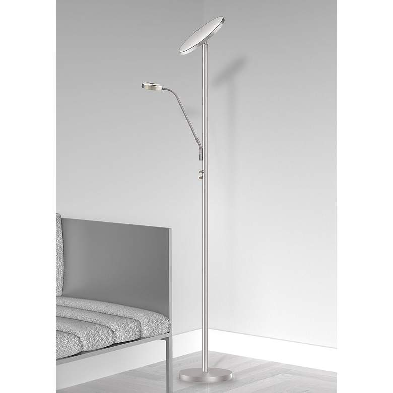 Image 1 Mother and Son 72" Satin Chrome Metal LED Torchiere Floor Lamp