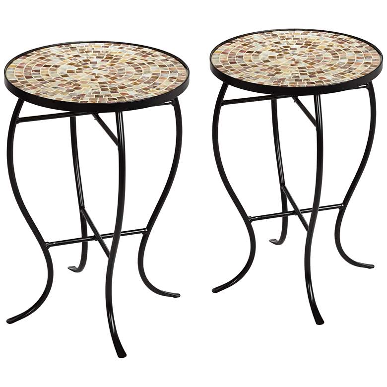 Image 1 Mother of Pearl Mosaic Black Iron Outdoor Accent Tables Set of 2