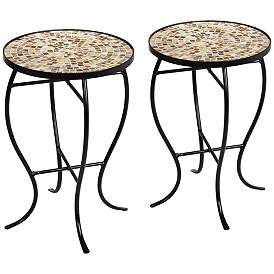 Image1 of Mother of Pearl Mosaic Black Iron Outdoor Accent Tables Set of 2
