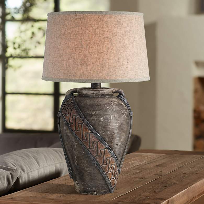 Image 1 Moxley Earthen Brown Hydrocal 2-Handle Jug Table Lamp