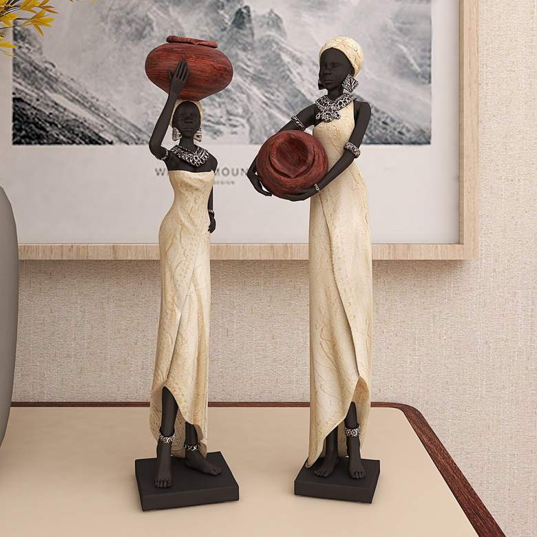 Image 1 Mozambique Cream 2-Piece Standing African Women Statues Set