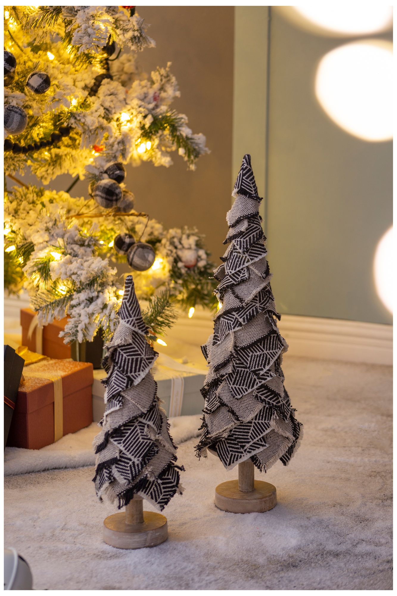 Multi Applique Fabric Cone Tree With Wooden Base - Multi-Color