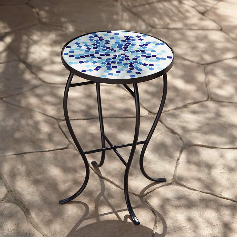 Image 1 Multi Blue Mosaic Black Iron Outdoor Accent Table