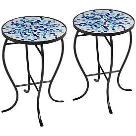 Image1 of Multi Blue Mosaic Black Iron Outdoor Accent Tables Set of 2