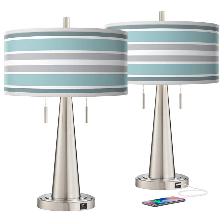 Multi Color Stripes Vicki Nickel USB Table Lamps Set of 2