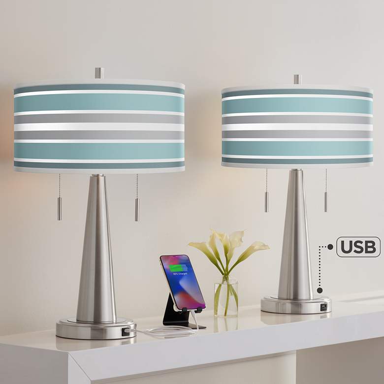 Image 1 Multi Color Stripes Vicki Nickel USB Table Lamps Set of 2