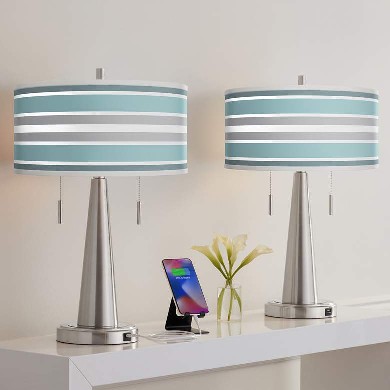 Image 1 Multi Color Stripes Vicki Nickel USB Table Lamps Set of 2