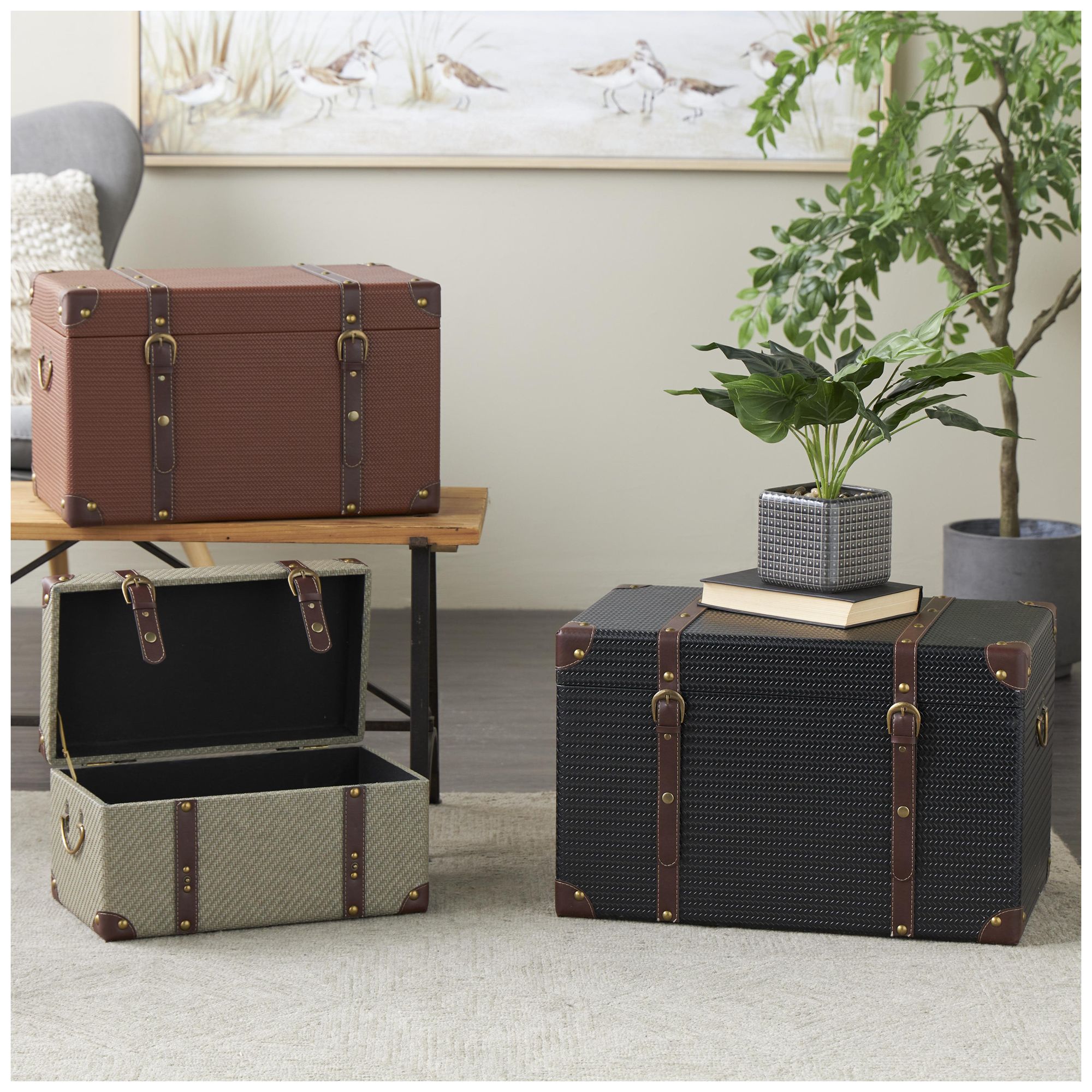 Image 1 Multi Colored Wooden Vintage Trunk, S/3 24", 21", 18"H