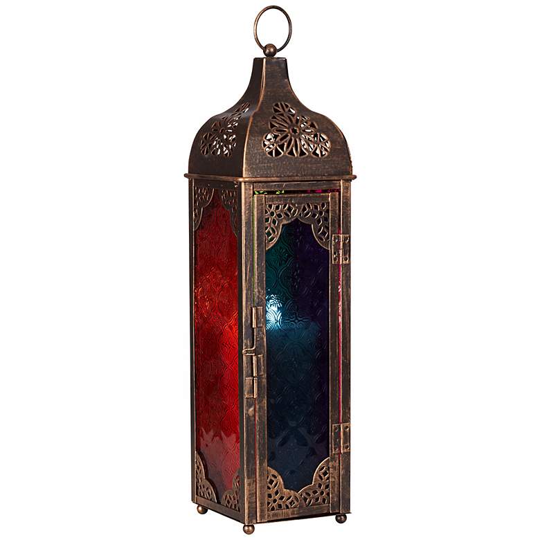 Image 1 Multicolored Glass Square 16 1/2 inch High Copper Lantern