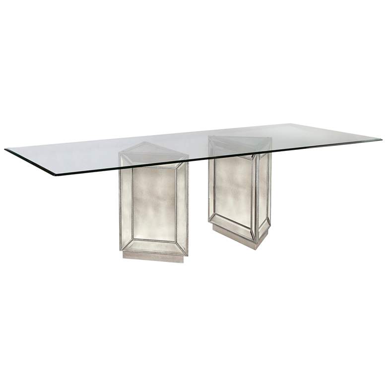 Murano 96&quot; Wide Silver Leaf Mirrored Double Pedestal Table