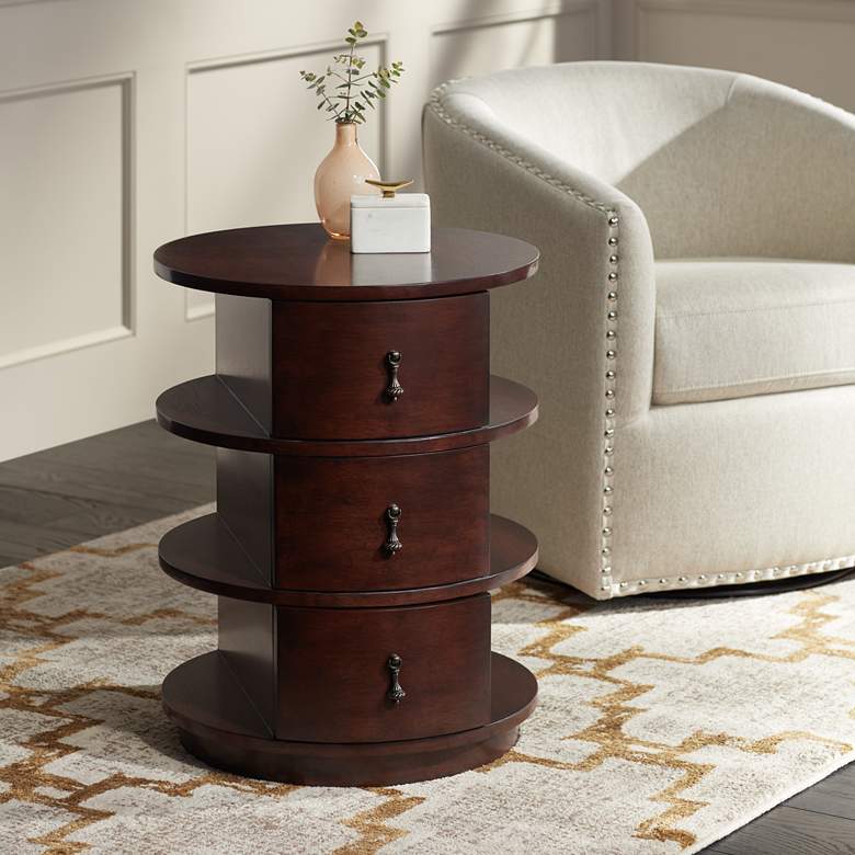Murphy 19 3/4&quot; Wide Walnut Round Table with Side Shelves
