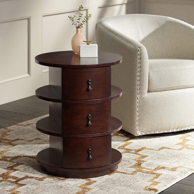 Image 1 Murphy 19 3/4" Wide Walnut Round Table with Side Shelves