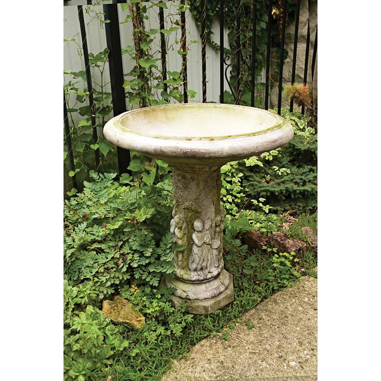 Image 1 Musical Cherubs 28 inch High White Moss Outdoor Bird Bath