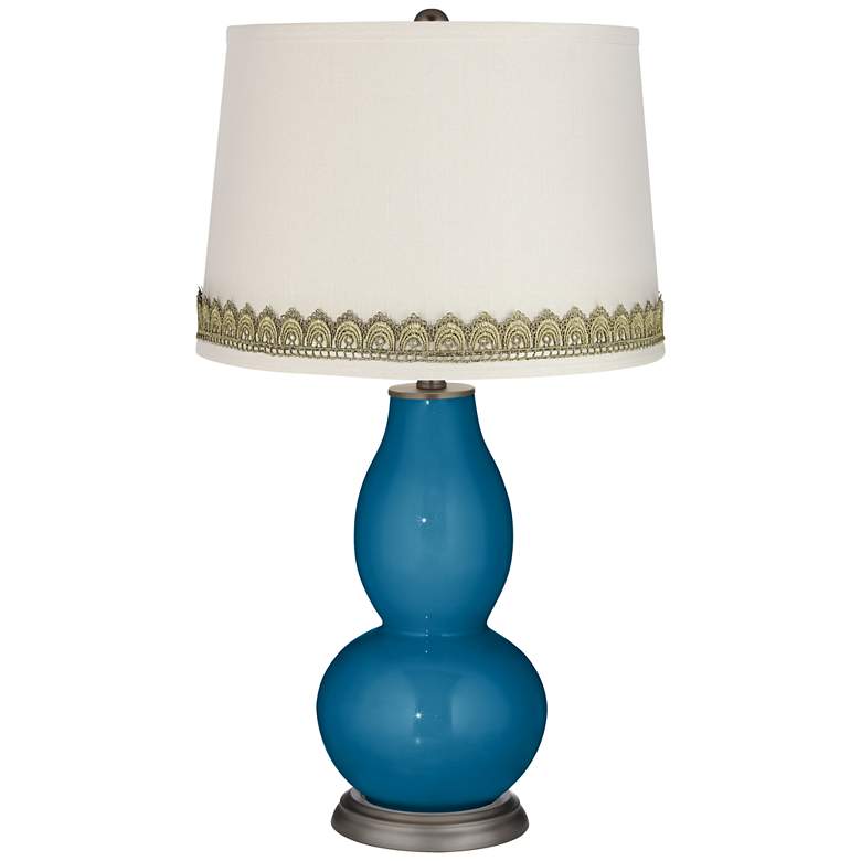 Image 1 Mykonos Blue Double Gourd Table Lamp with Scallop Lace Trim
