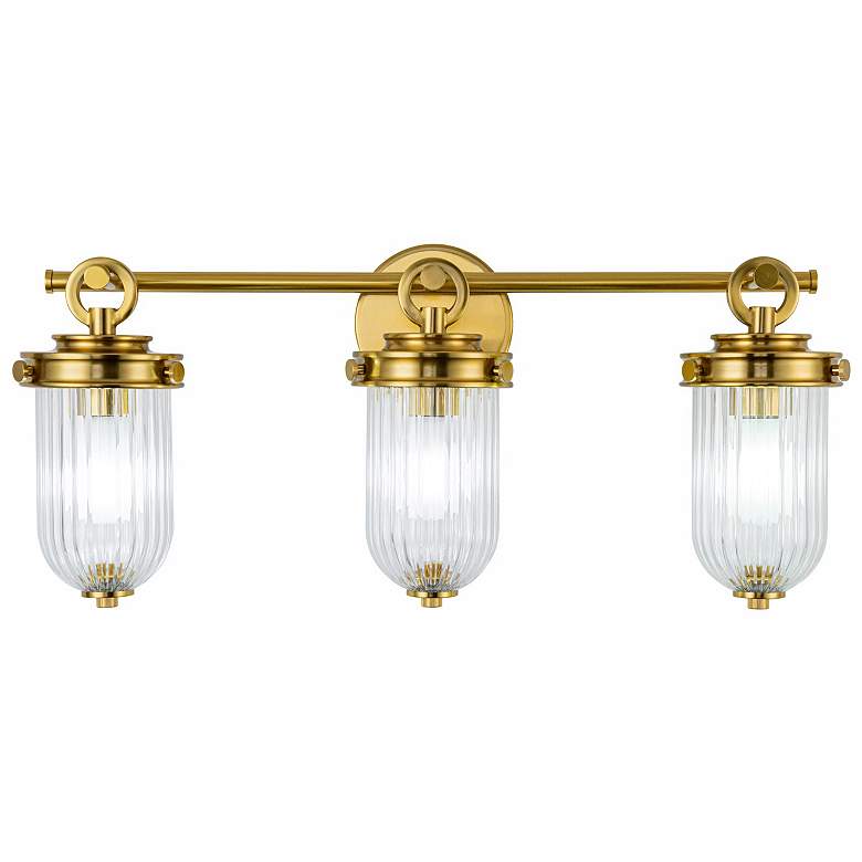 Image 1 Myla 10.9"H 3-Light Vintage Brass Vanity w/ Clear Ribbed Shade