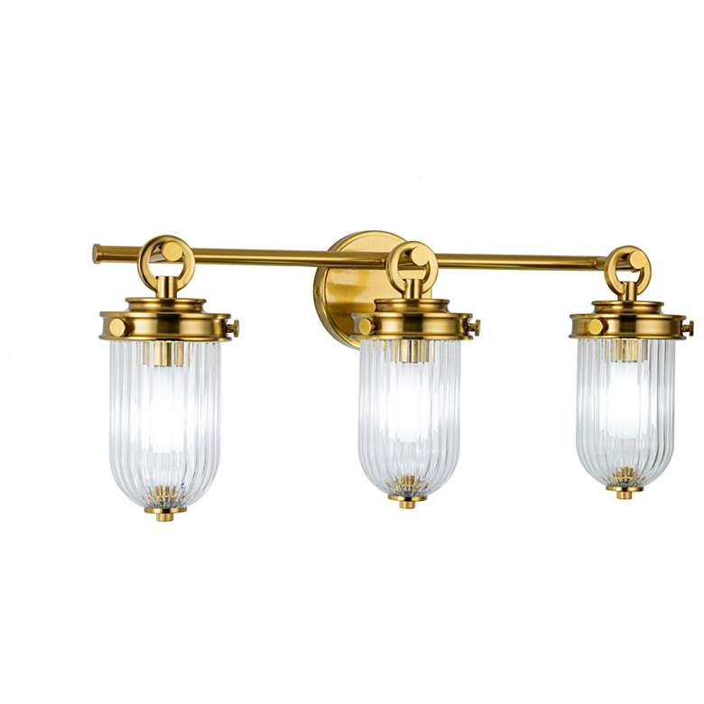 Image 2 Myla 10.9"H 3-Light Vintage Brass Vanity w/ Clear Ribbed Shade more views