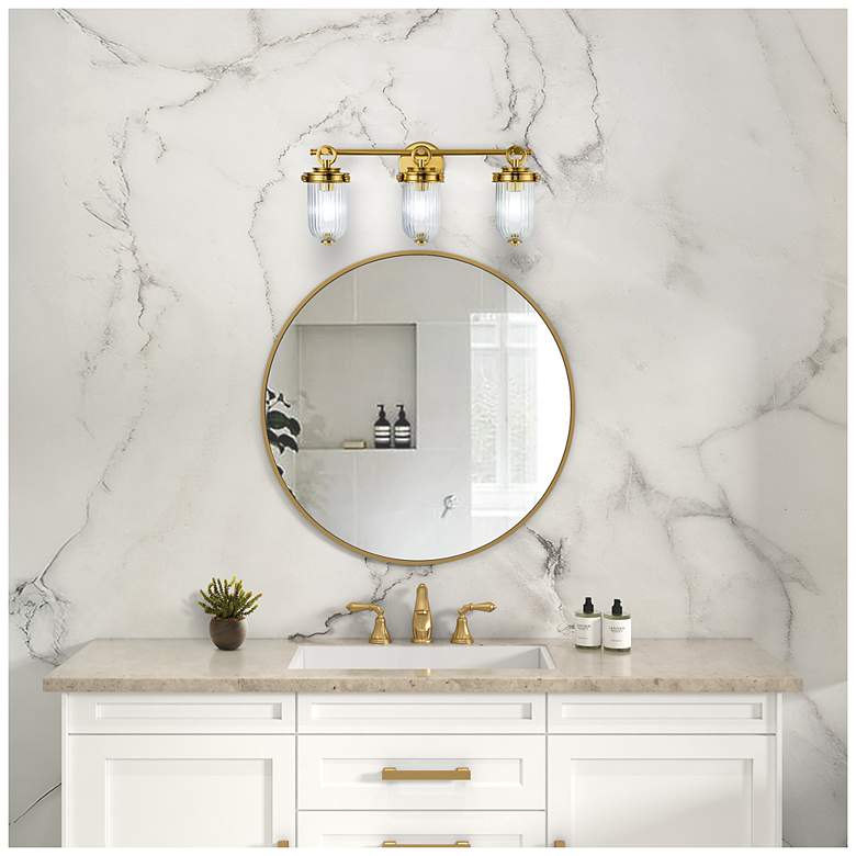 Image 6 Myla 10.9"H 3-Light Vintage Brass Vanity w/ Clear Ribbed Shade more views