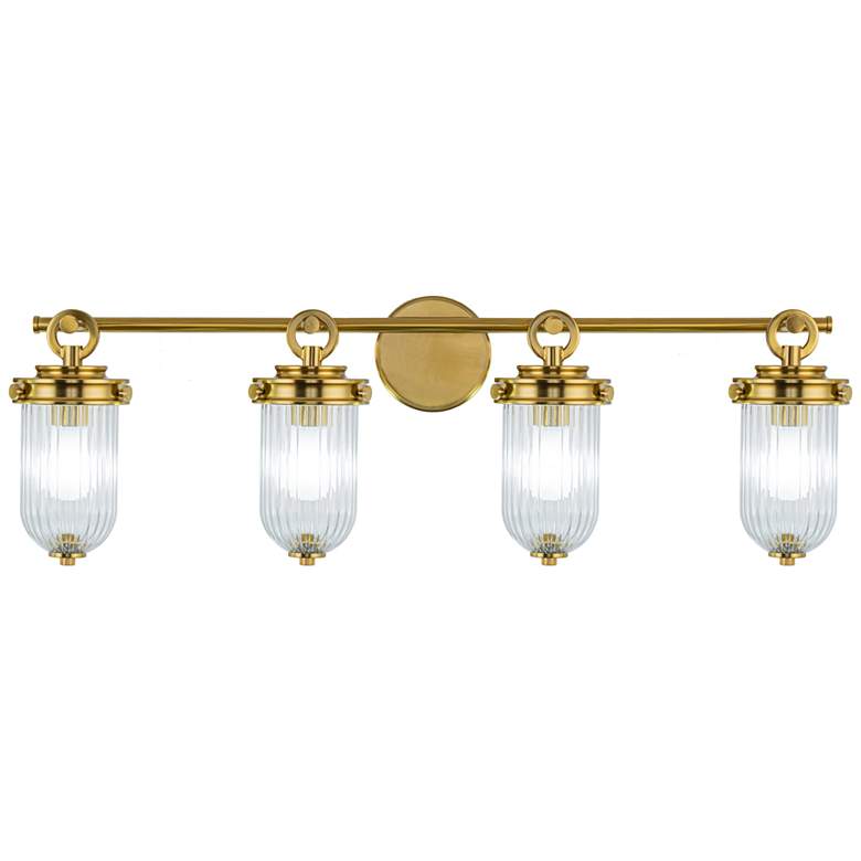 Image 1 Myla 10.9"H 4-Light Vintage Brass Vanity w/ Clear Ribbed Shade