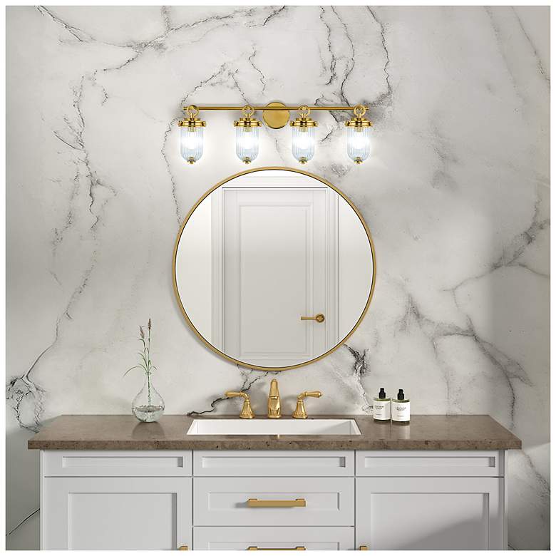 Image 6 Myla 10.9"H 4-Light Vintage Brass Vanity w/ Clear Ribbed Shade more views