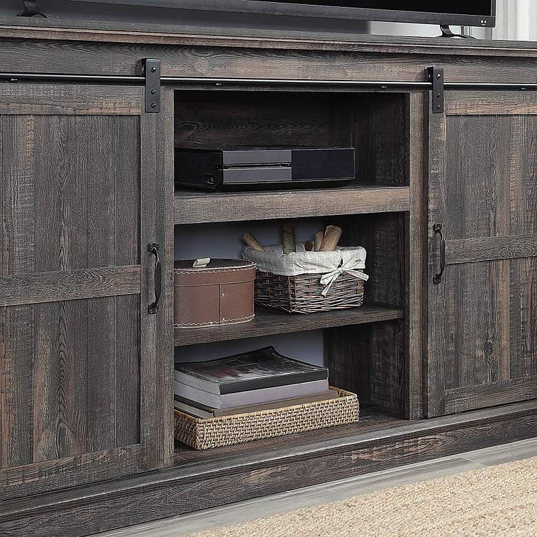 Image 5 Myrtle 60" Wide Heavy Brown Wood 2-Door TV Stand more views