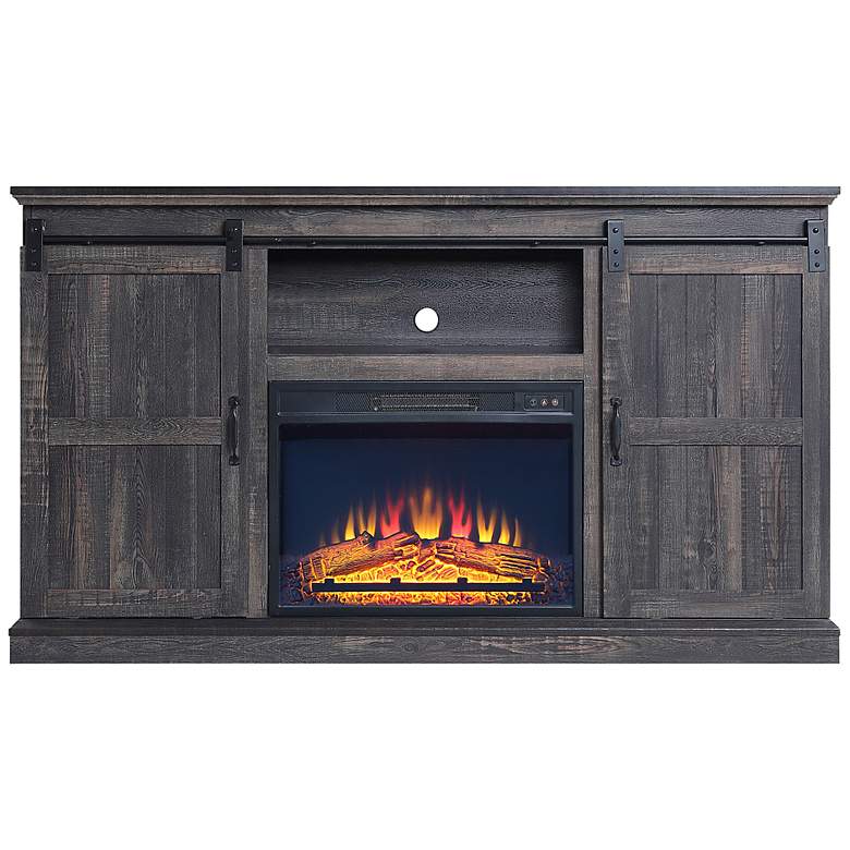 Image 2 Myrtle 60"W Heavy Brown 2-Door 5-Shelf Electric Fireplace