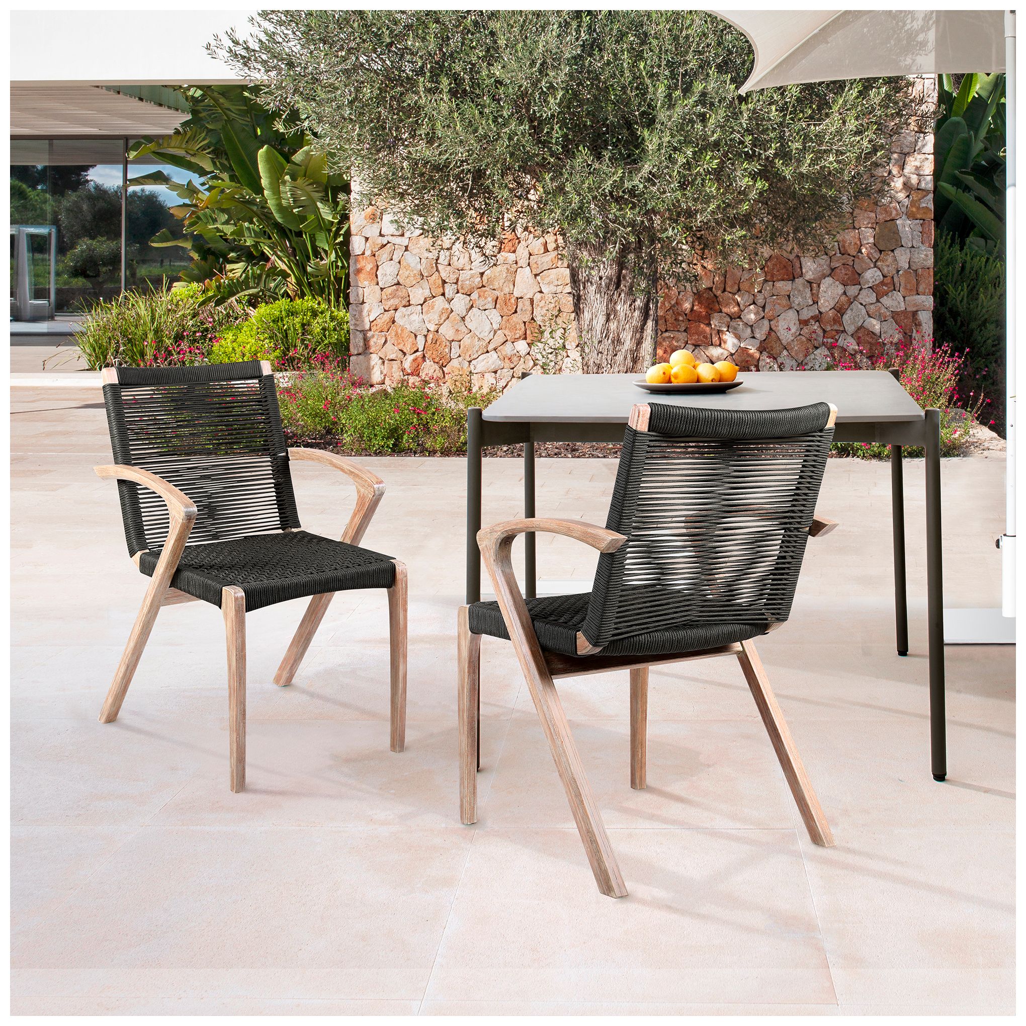 Nabila Set of 2 Outdoor Light Eucalyptus Wood and Rope Dining Chairs