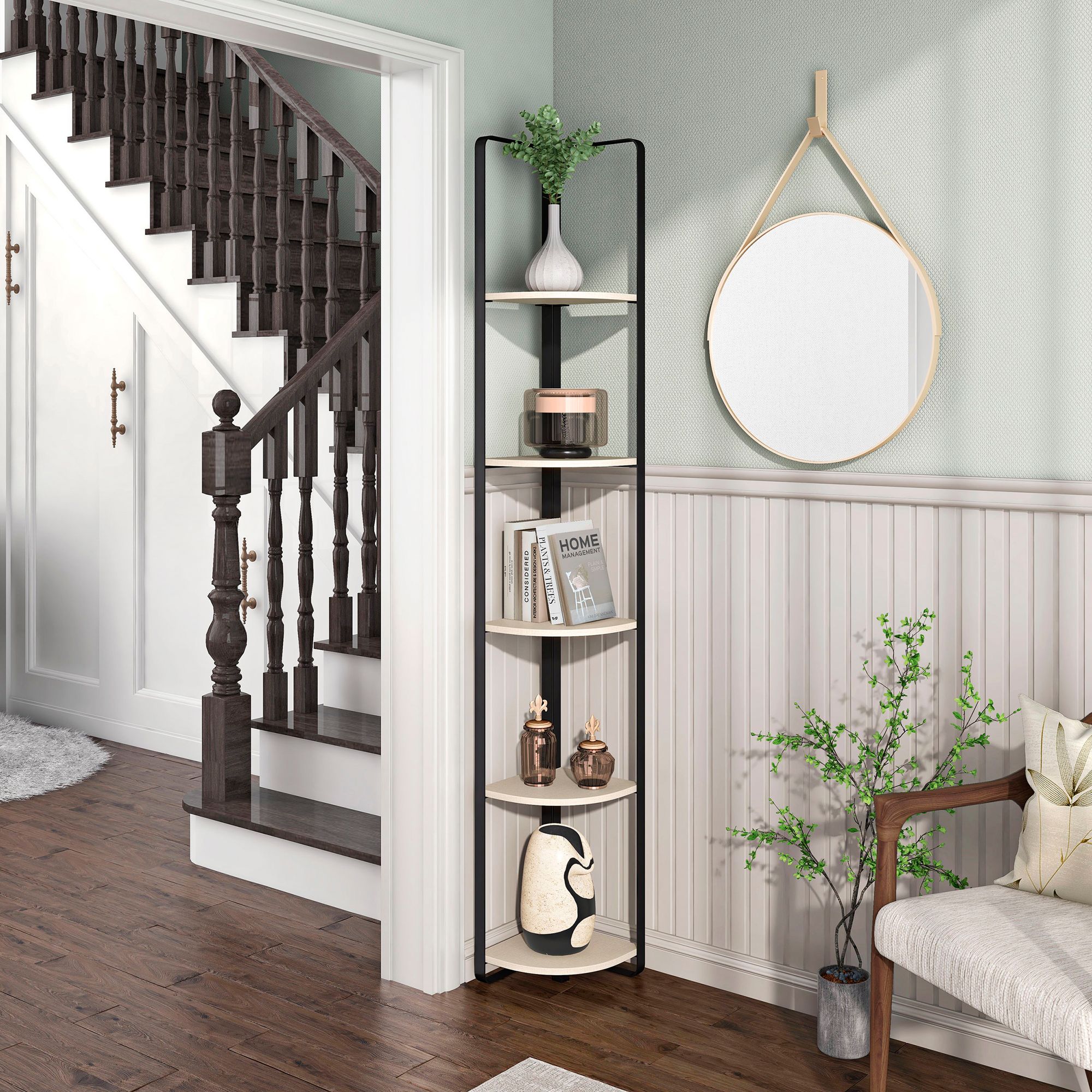 Naija 10 1/4" Wide Cream Weave 5-Shelf Corner Bookcase