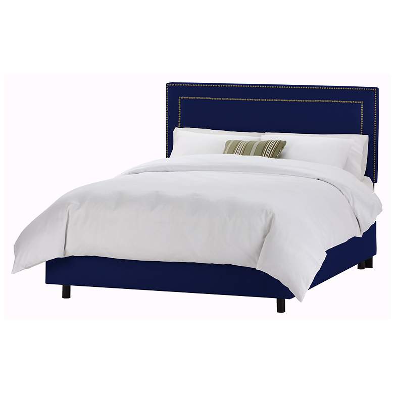 Image 1 Nail Button Border Headboard Navy Twill Bed (Queen)