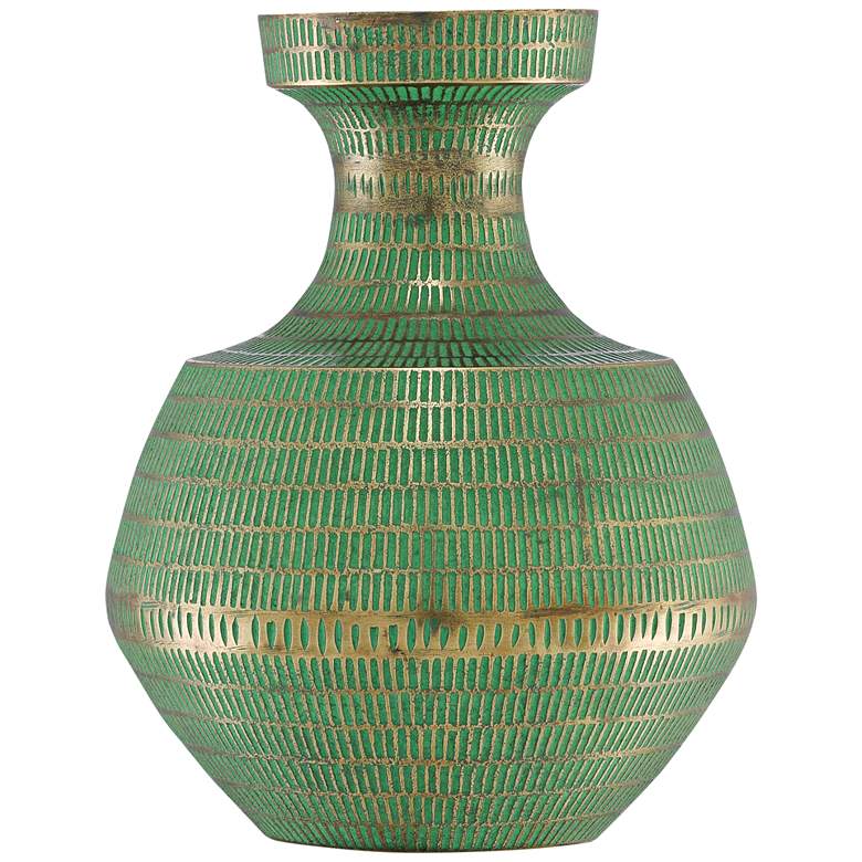 Image 1 Nallan Antique Brass and Green 10 inch High Metal Vase