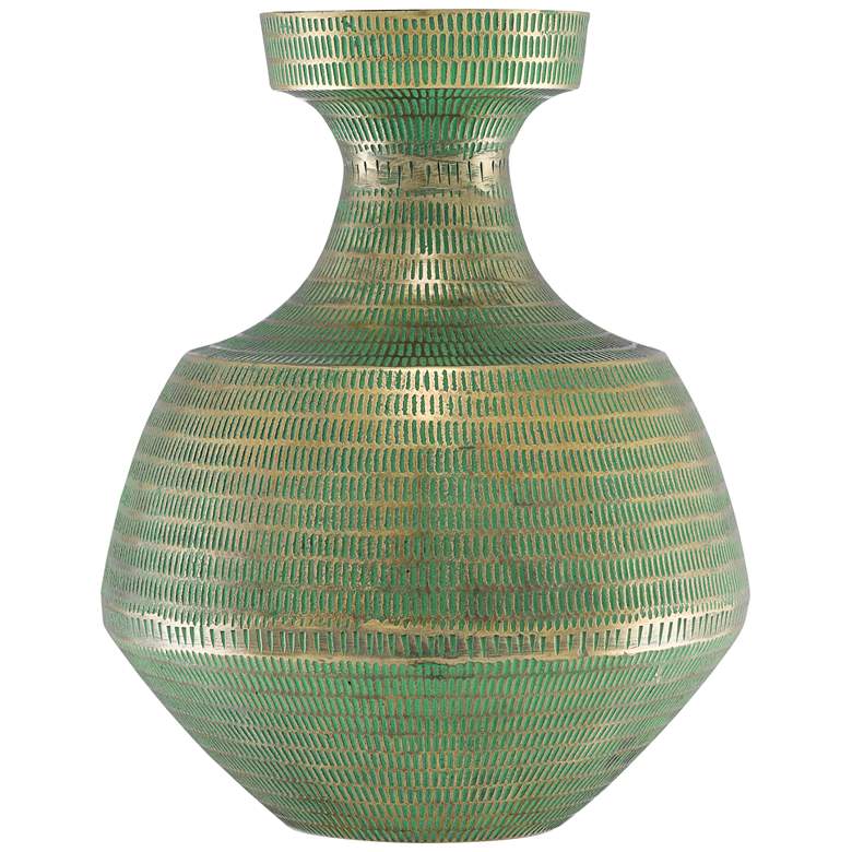 Image 1 Nallan Antique Brass and Green 13 3/4 inch High Metal Vase