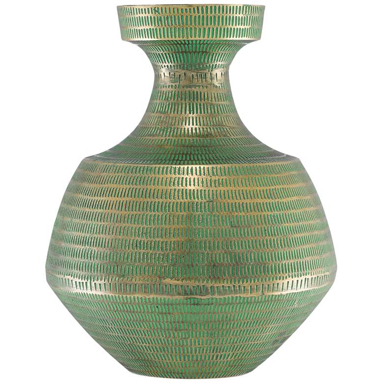 Image 1 Nallan Antique Brass and Green 13 3/4" High Metal Vase