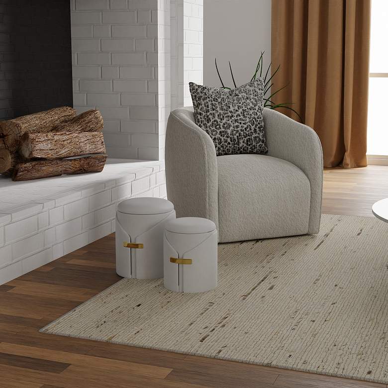 Image 3 Nalo 14.5"W Cream Boucle Upholstered Gold Accent Nesting Ottoman Set O more views