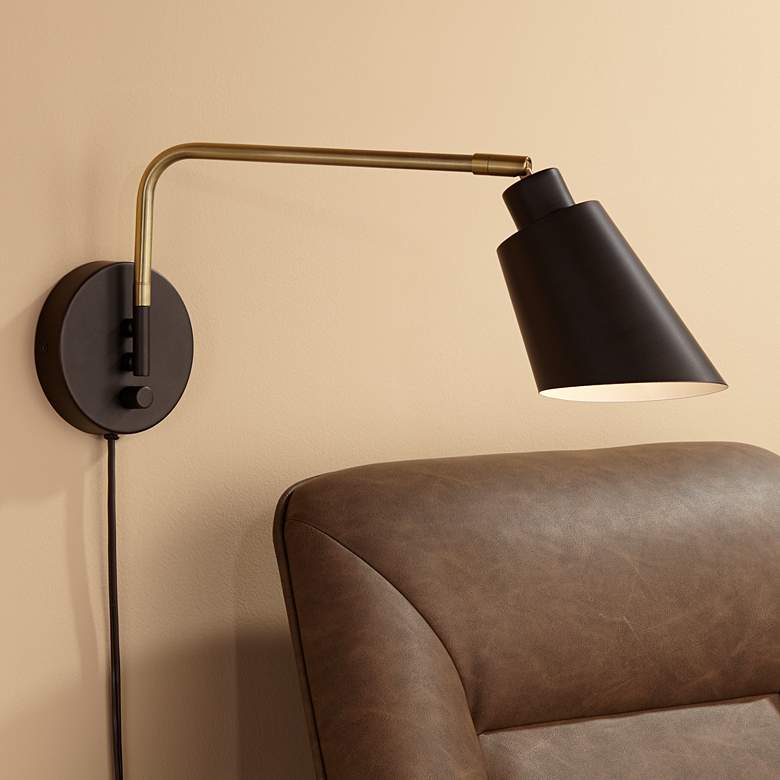 Image 1 Nanaimo Bronze and Antique Brass Plug-In Swing Arm Wall Lamp