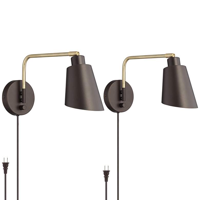Image 1 Nanaimo Bronze and Antique Brass Plug-In Swing Arm Wall Lamps Set of 2