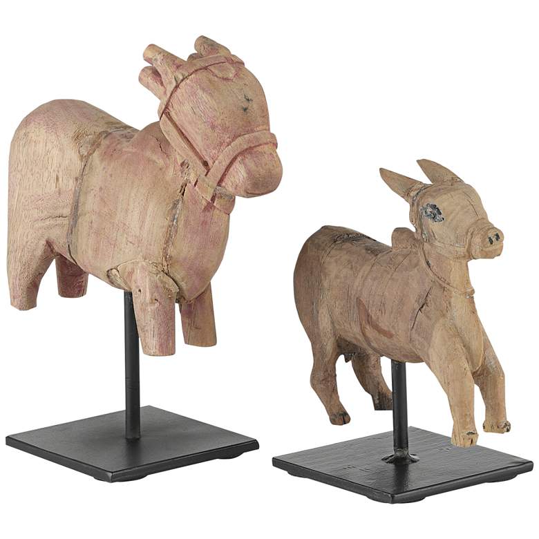 Image 1 Nandi Natural Wood and Black Metal Cow Sculptures Set of 2